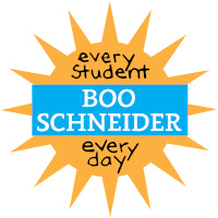 campaign logo; blue banner in front of a yellow sun; Boo Schneider; every student every day